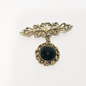 Black Faux Stone Dangle Brooch Vintage Gold Tone Scroll Design Pin 2"
